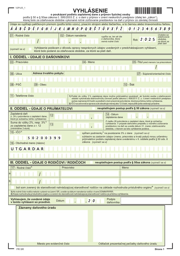 Tlačivo na darovanie 2% z dane z príjmu